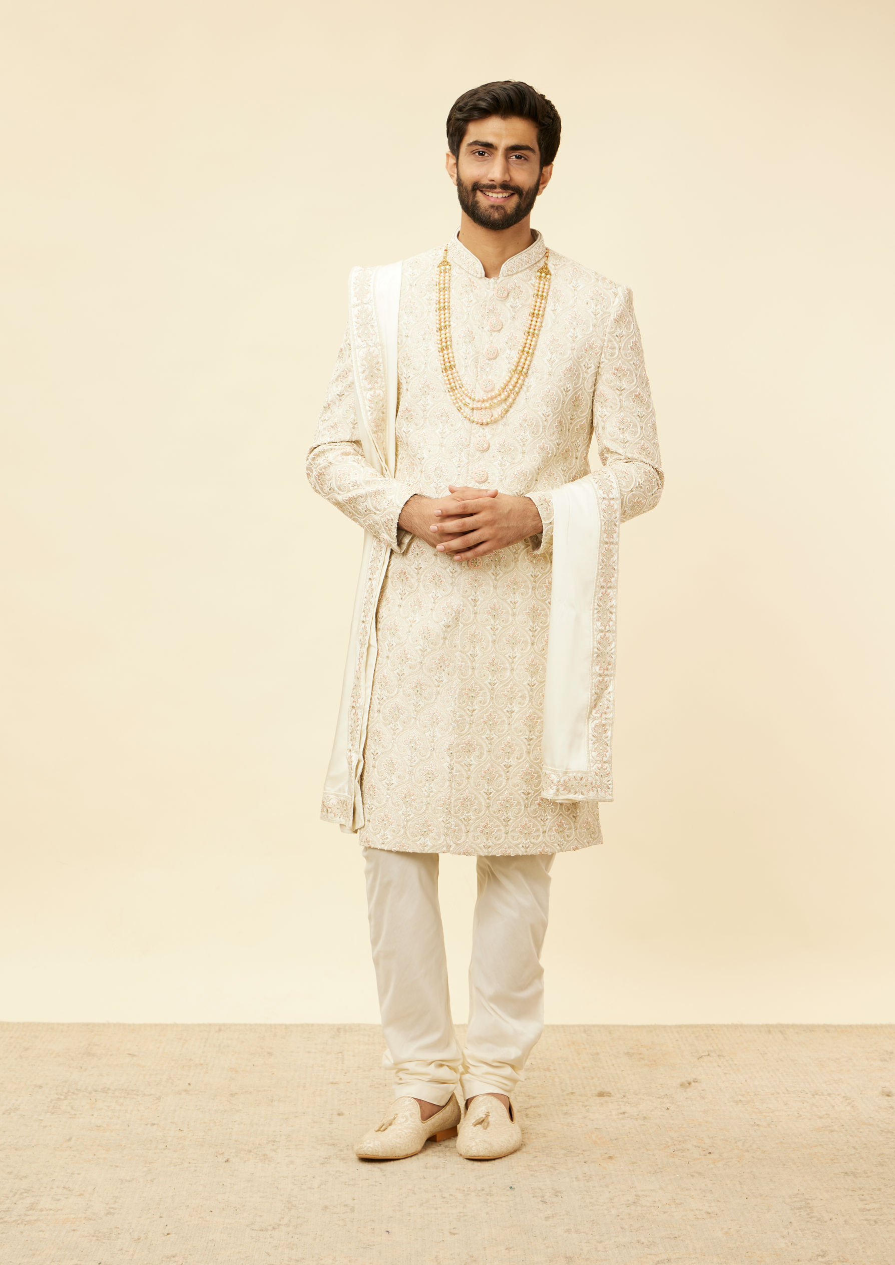 Twamev Men Warm White Sherwani with Embroidery & Zari Details