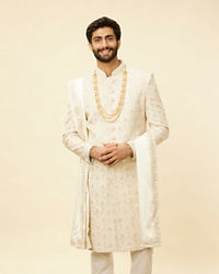 Twamev Men Warm White Sherwani with Embroidery & Zari Details