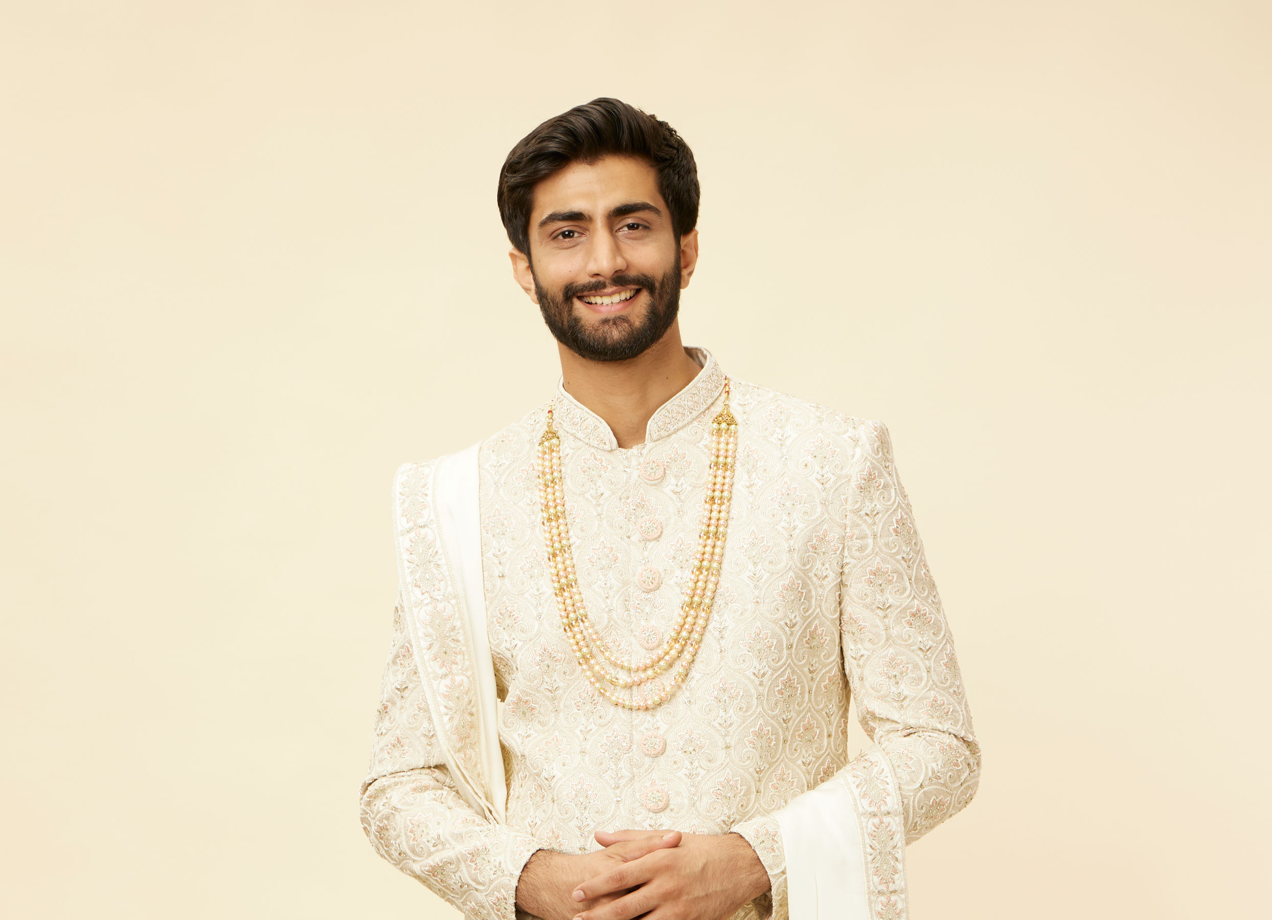 Twamev Men Warm White Sherwani with Embroidery & Zari Details