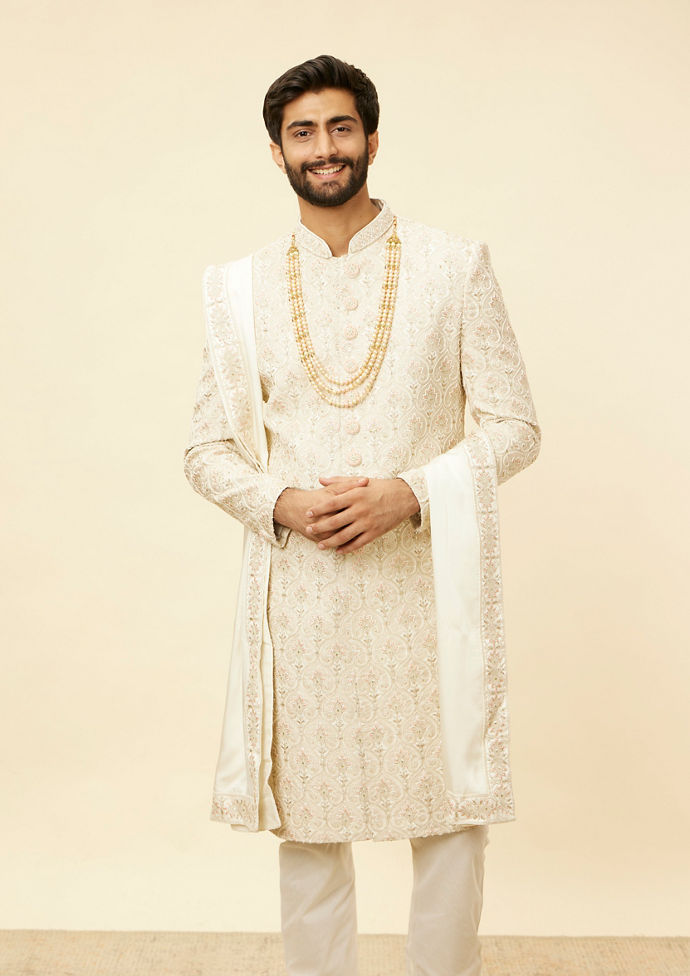 alt message - Twamev Men Warm White Sherwani with Embroidery & Zari Details image number 0