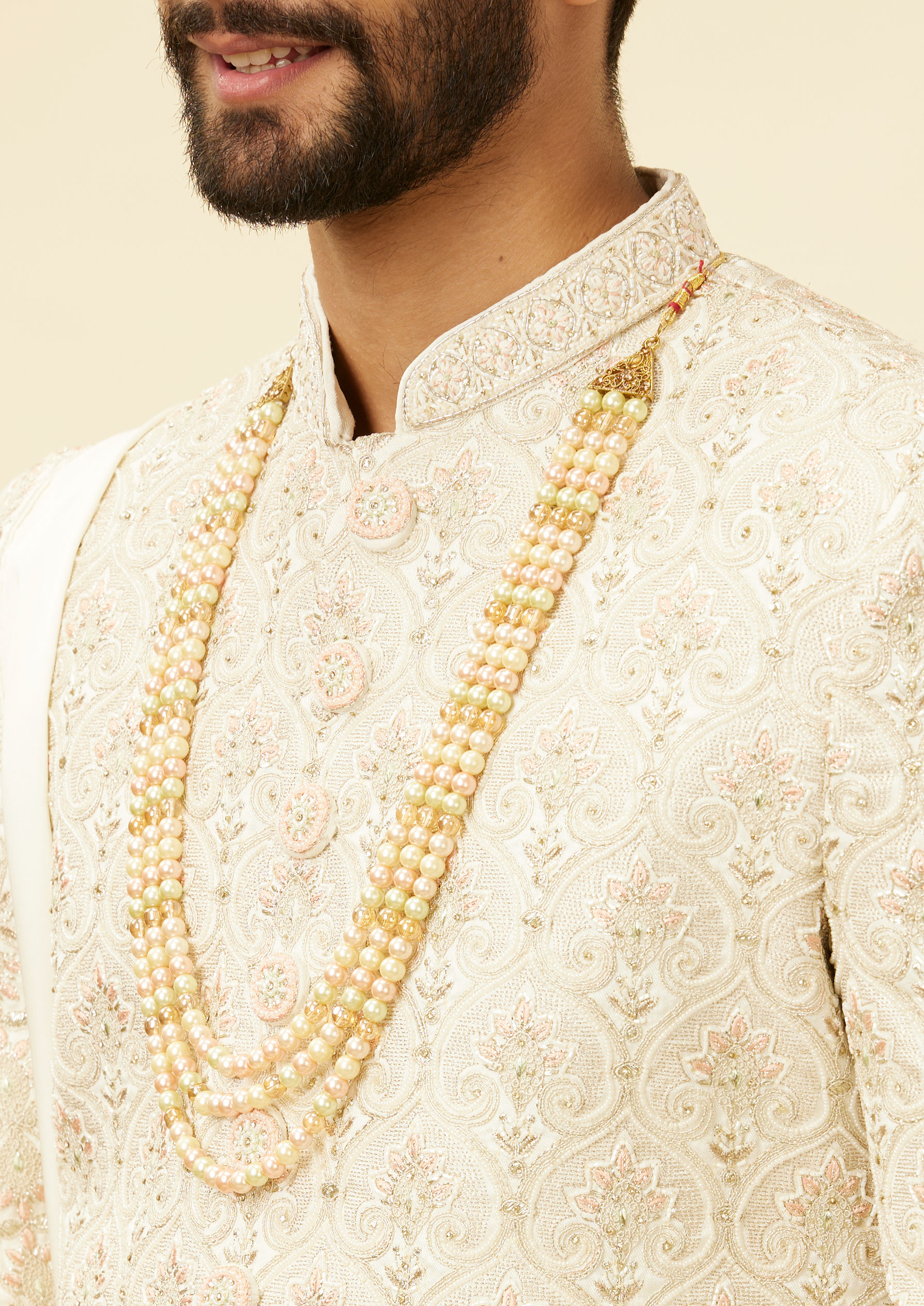 Twamev Men Warm White Sherwani with Embroidery & Zari Details