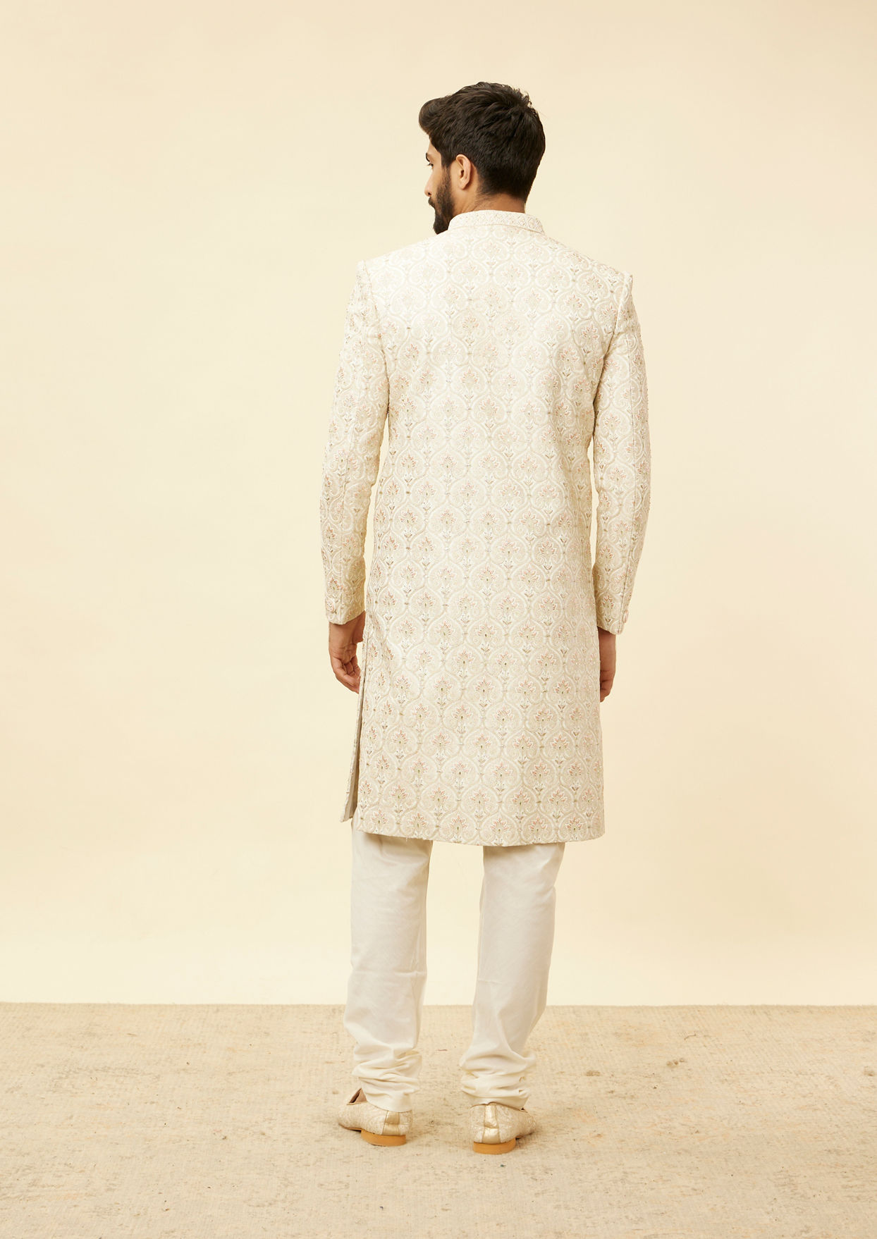 alt message - Twamev Men Warm White Sherwani with Embroidery & Zari Details image number 3