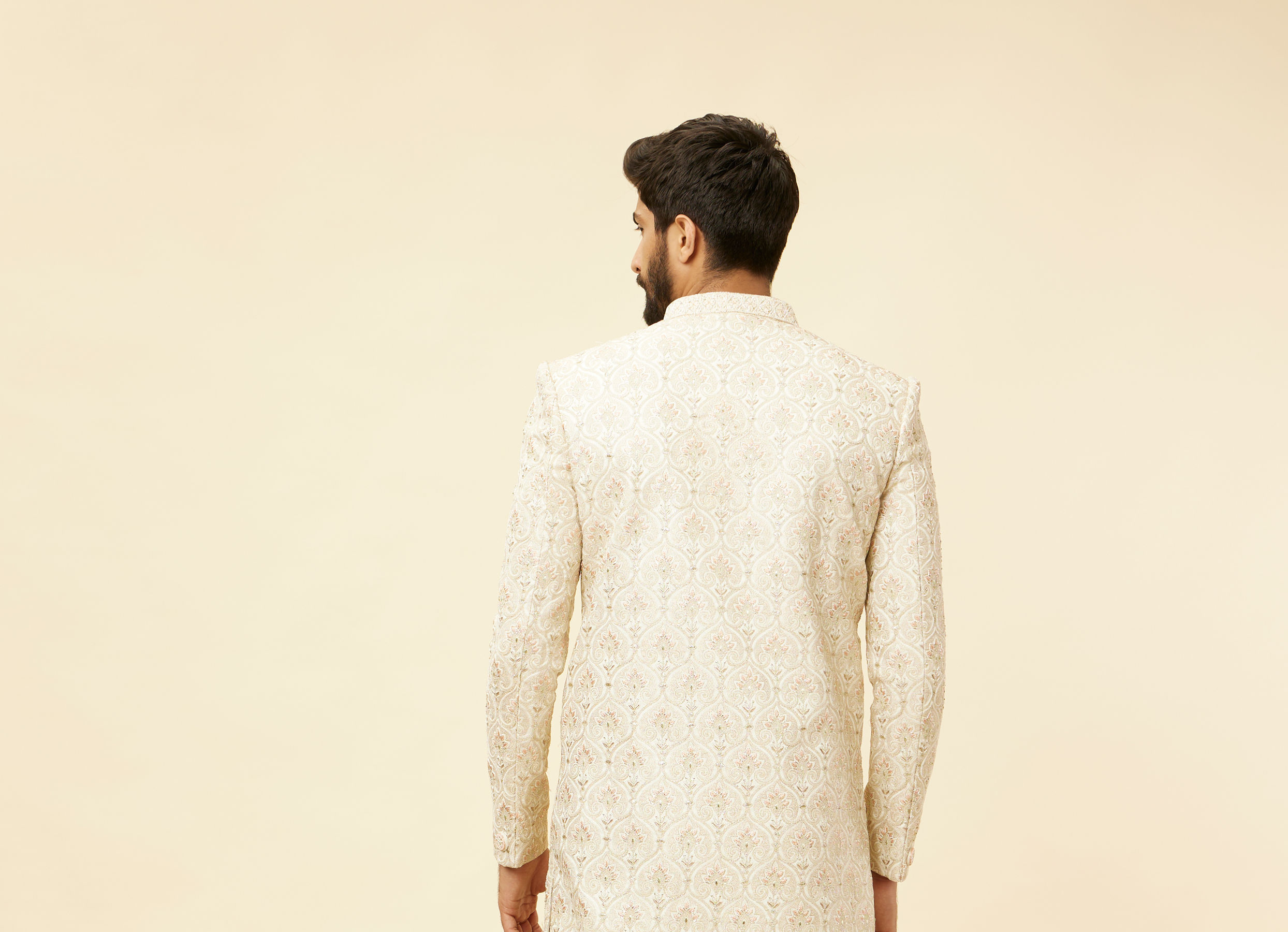 Twamev Men Warm White Sherwani with Embroidery & Zari Details