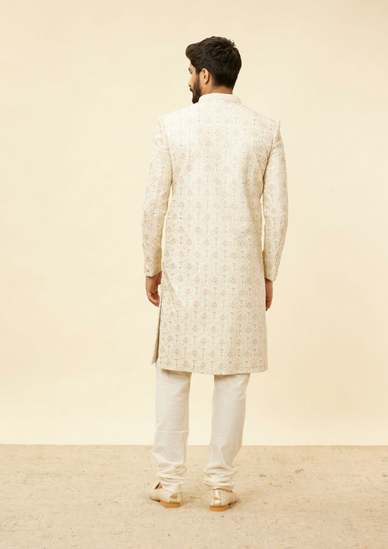 Twamev Men Warm White Sherwani with Embroidery & Zari Details