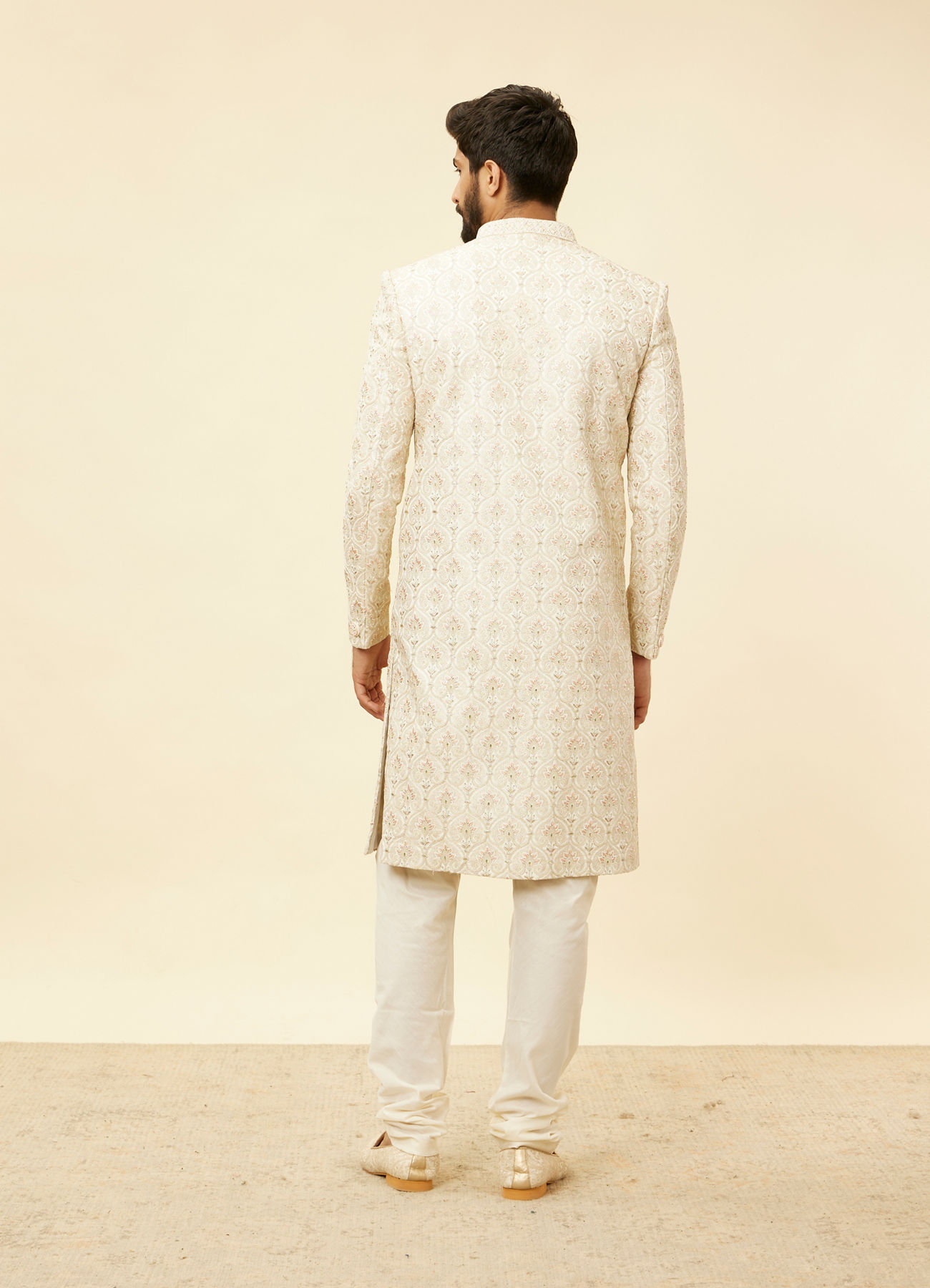Twamev Men Warm White Sherwani with Embroidery & Zari Details