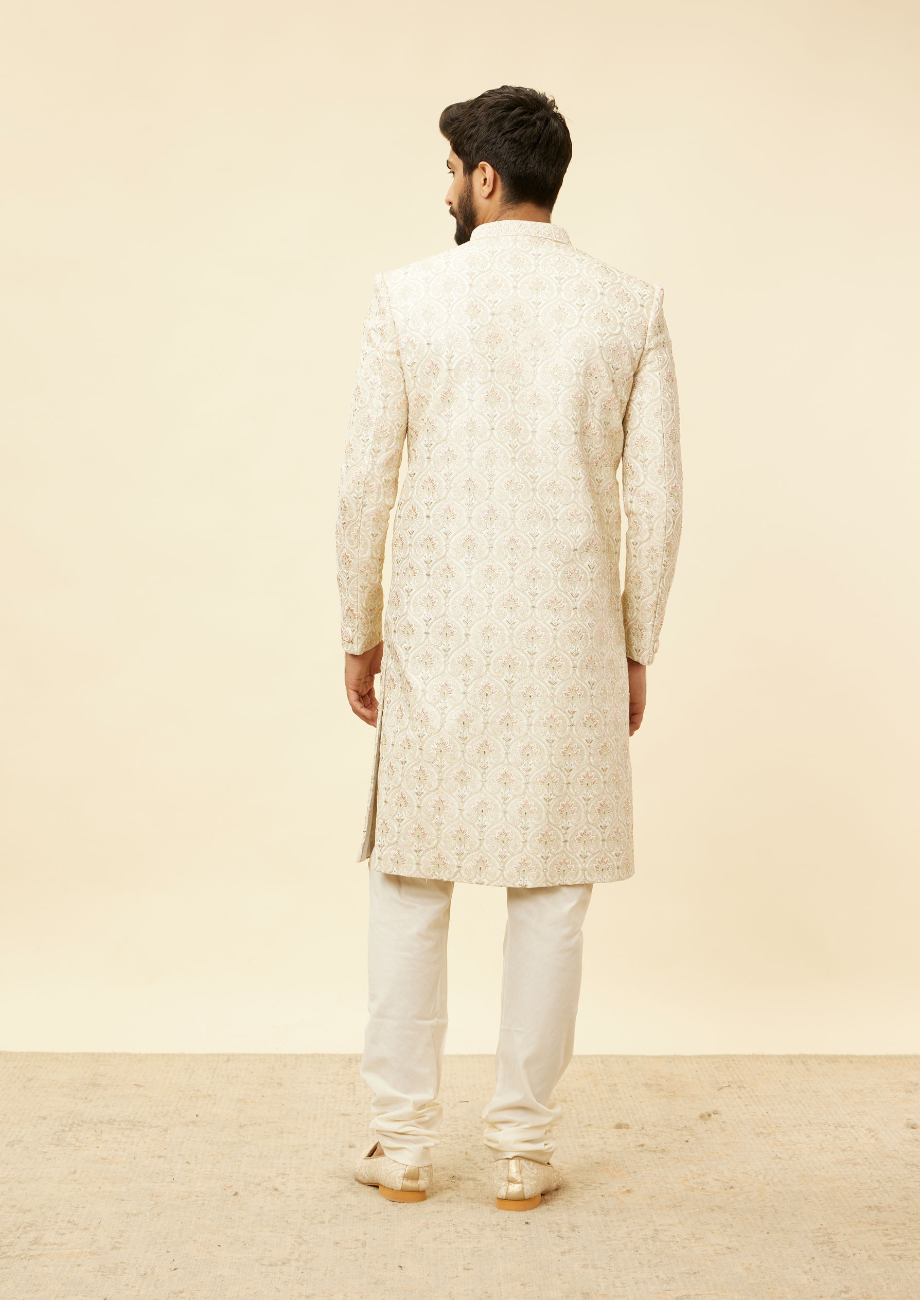 Twamev Men Warm White Sherwani with Embroidery & Zari Details