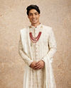Cream Maroon Floral Trellis Patterned Sherwani Set