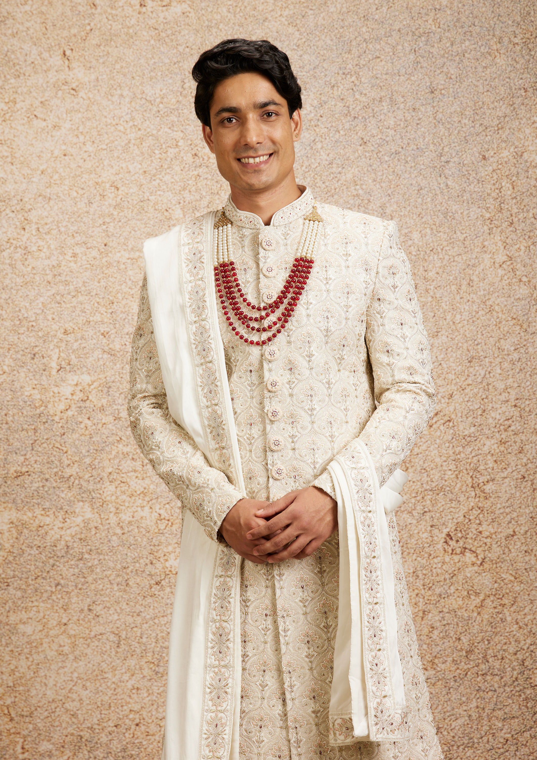 alt message - Twamev Men Cream Maroon Floral Trellis Patterned Sherwani Set image number 0