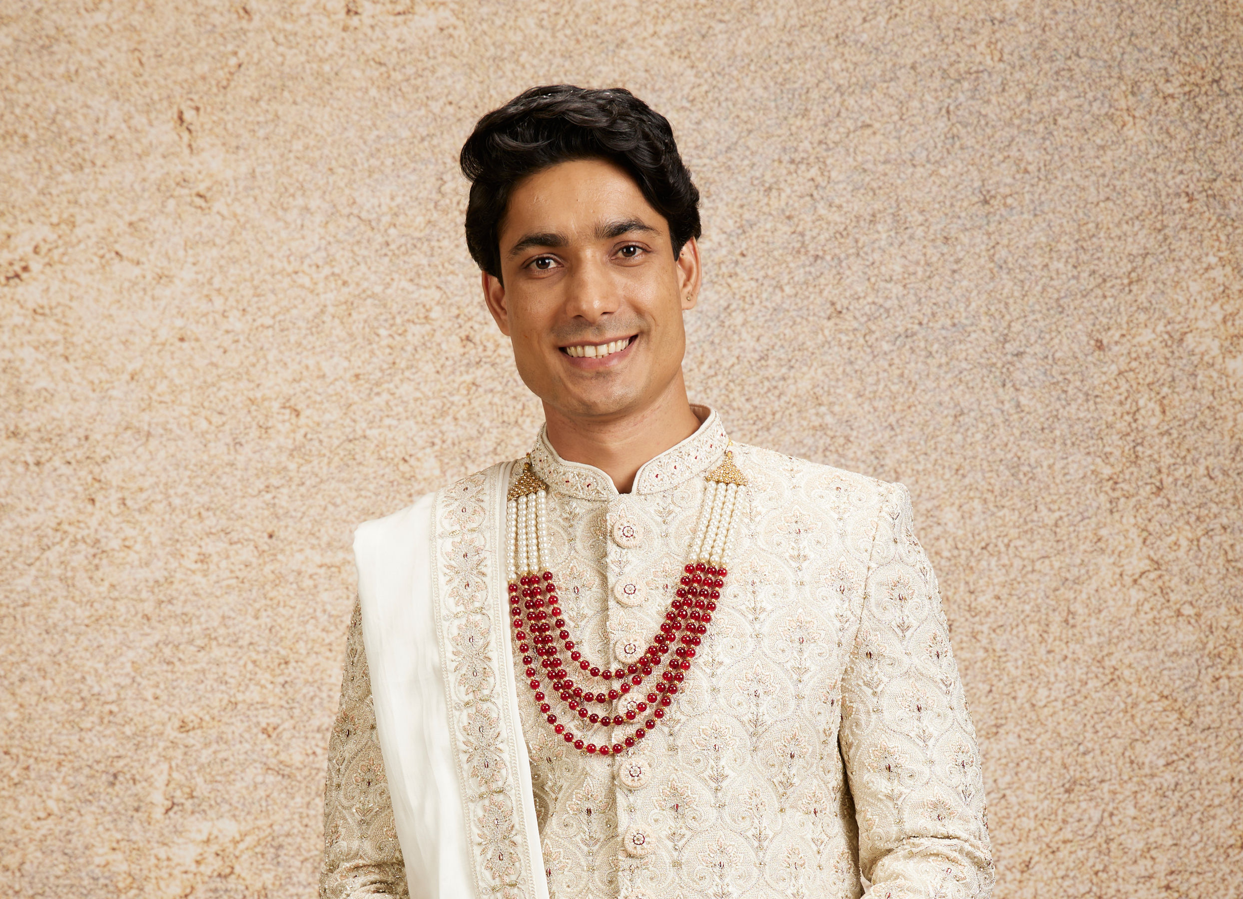 Twamev Men Cream Maroon Floral Trellis Patterned Sherwani Set