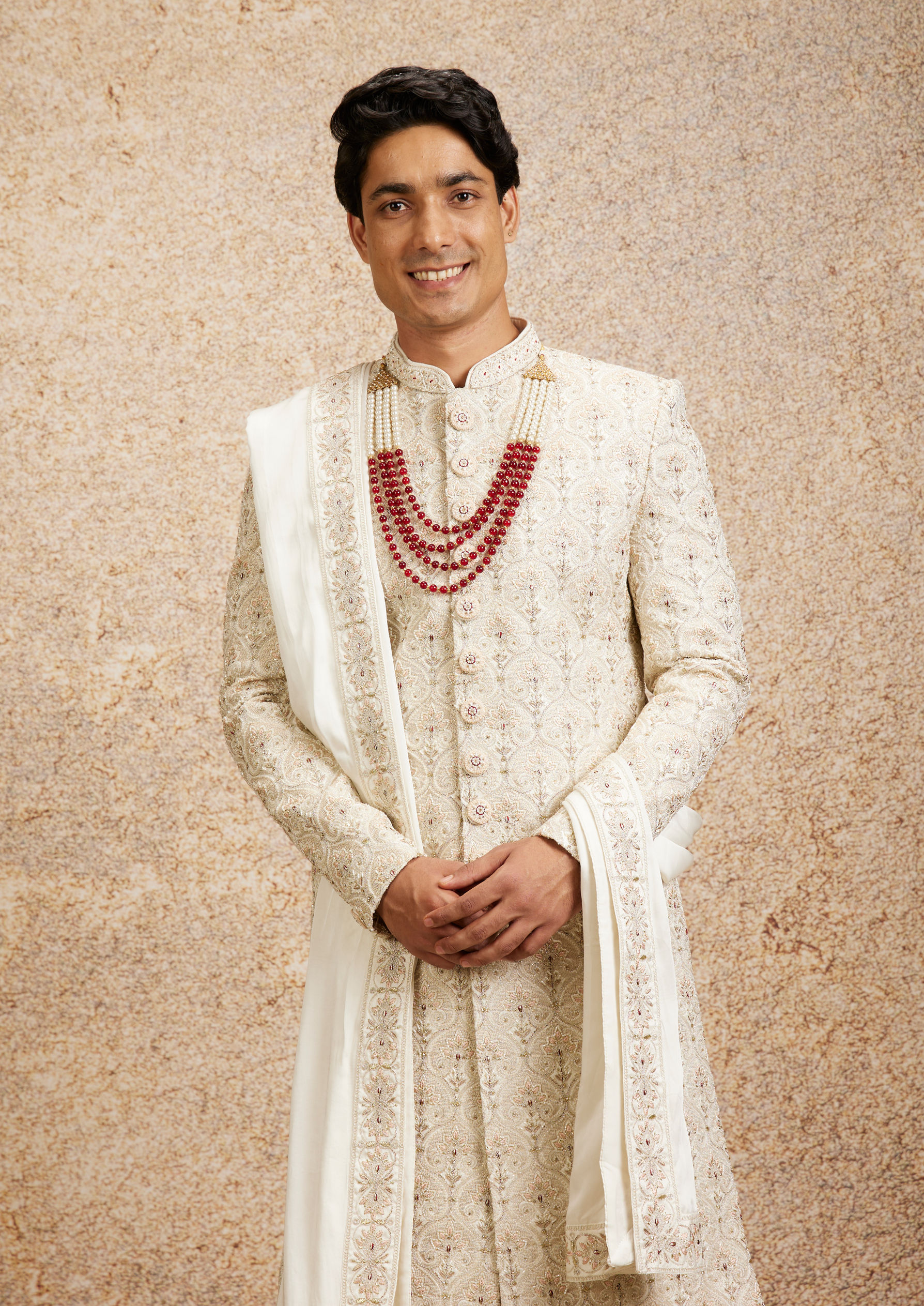Twamev Men Cream Maroon Floral Trellis Patterned Sherwani Set