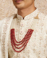 Twamev Men Cream Maroon Floral Trellis Patterned Sherwani Set