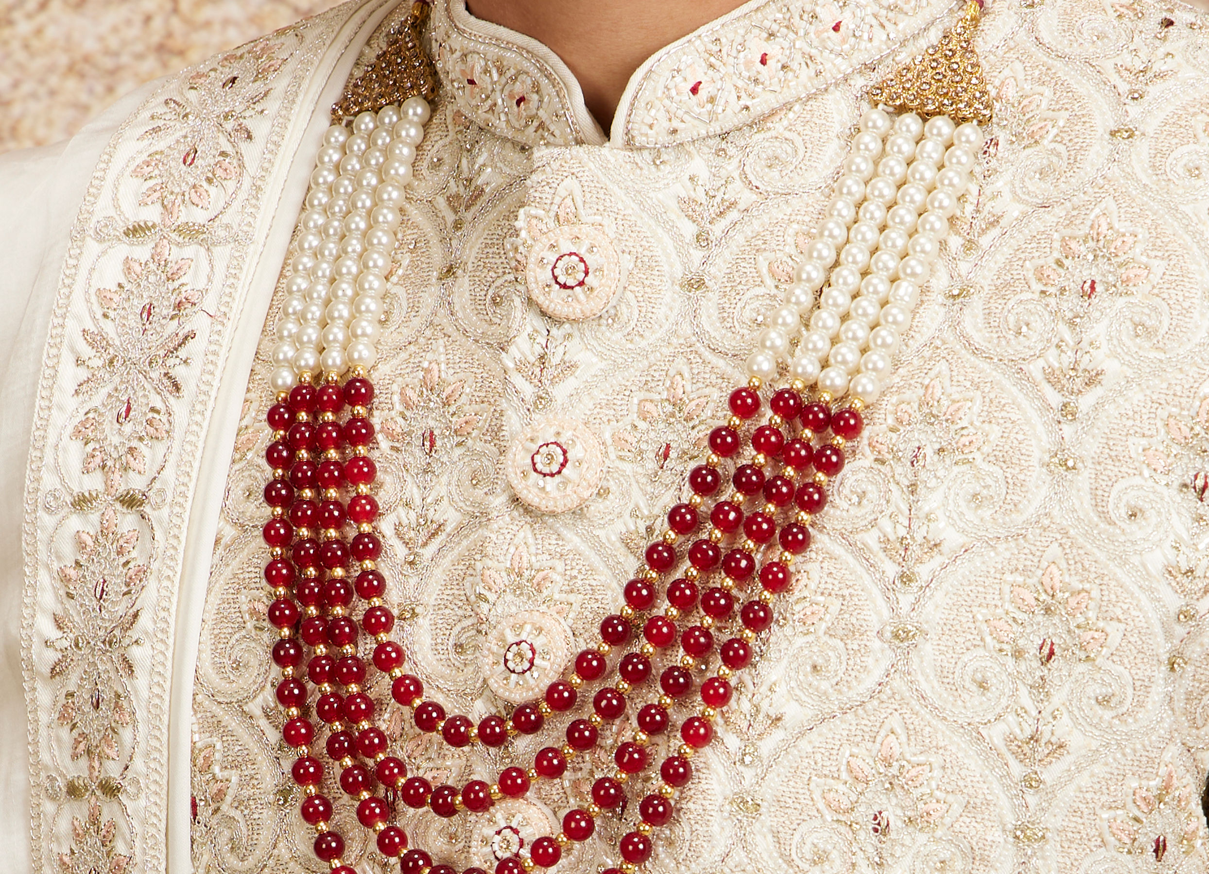 Twamev Men Cream Maroon Floral Trellis Patterned Sherwani Set