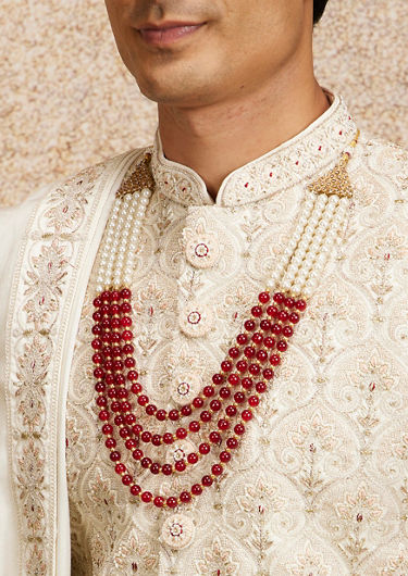 alt message - Twamev Men Cream Maroon Floral Trellis Patterned Sherwani Set image number 1