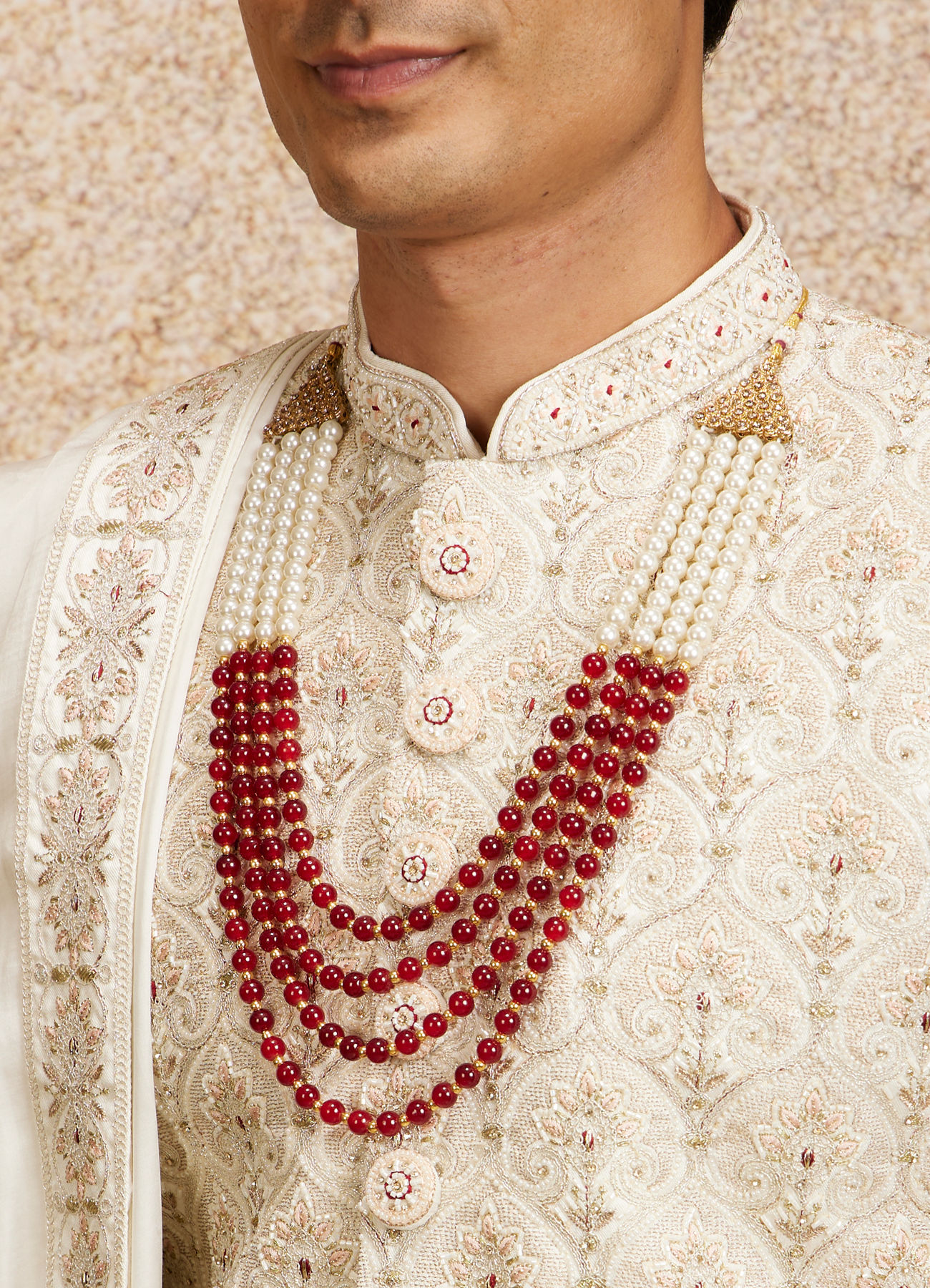 Twamev Men Cream Maroon Floral Trellis Patterned Sherwani Set