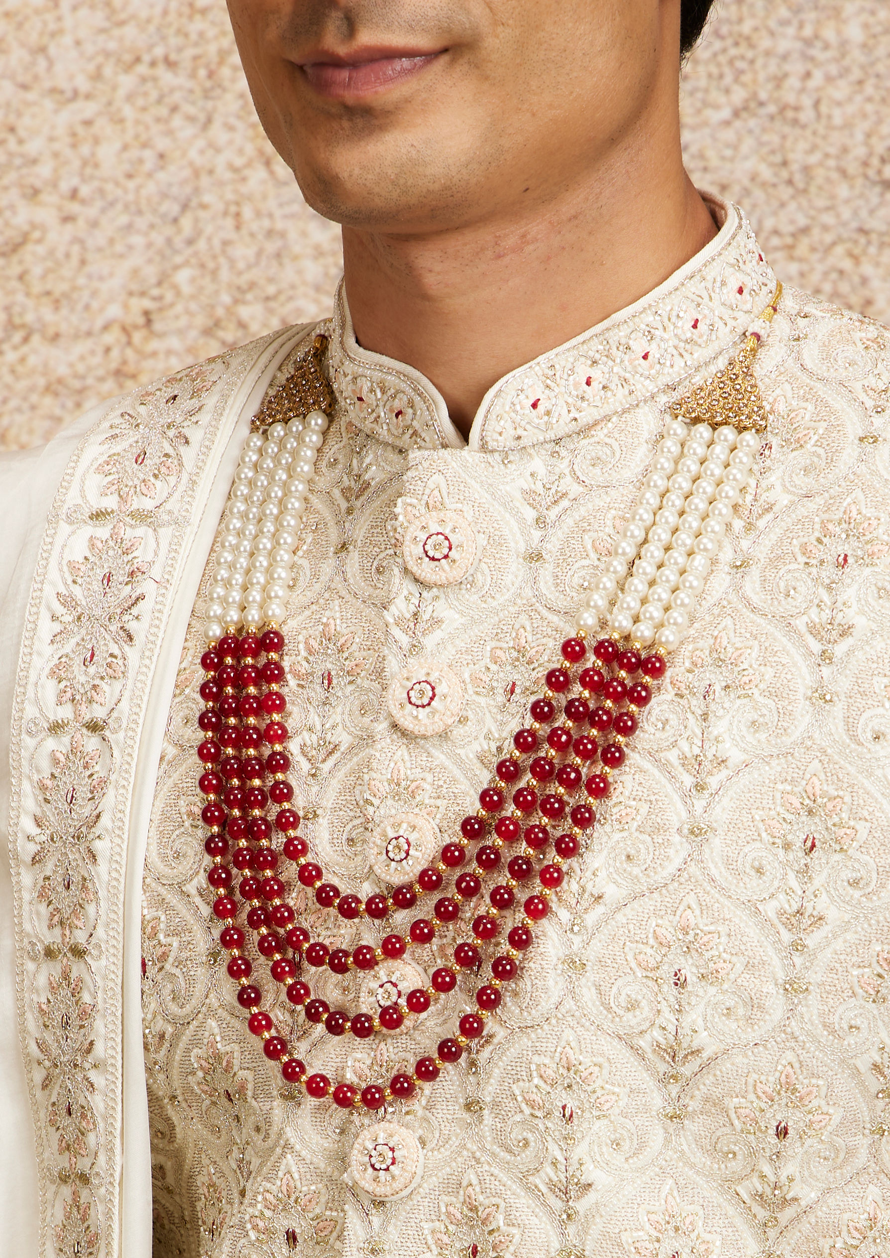 alt message - Twamev Men Cream Maroon Floral Trellis Patterned Sherwani Set image number 1