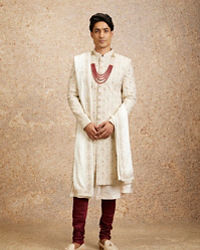 Twamev Men Cream Maroon Floral Trellis Patterned Sherwani Set