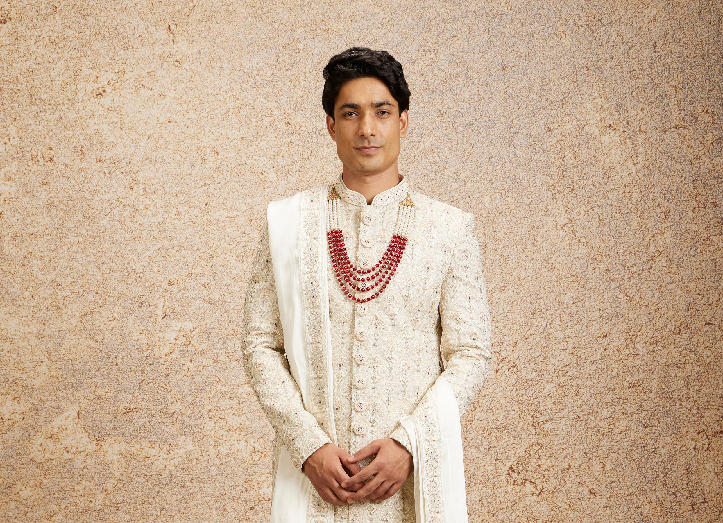 Twamev Men Cream Maroon Floral Trellis Patterned Sherwani Set