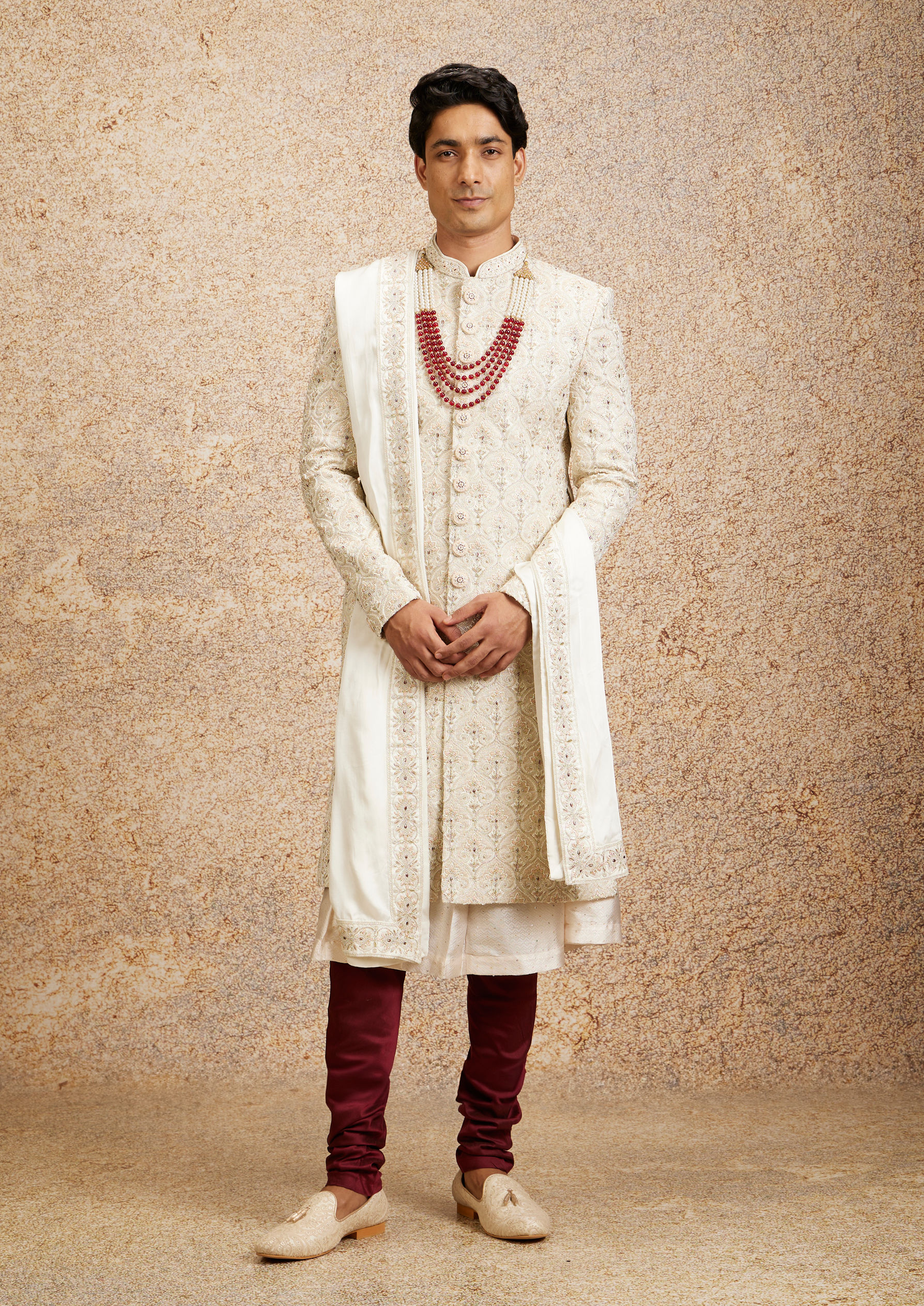 Twamev Men Cream Maroon Floral Trellis Patterned Sherwani Set