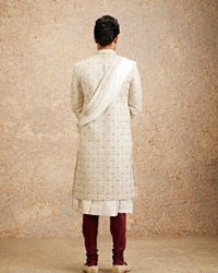 Twamev Men Cream Maroon Floral Trellis Patterned Sherwani Set