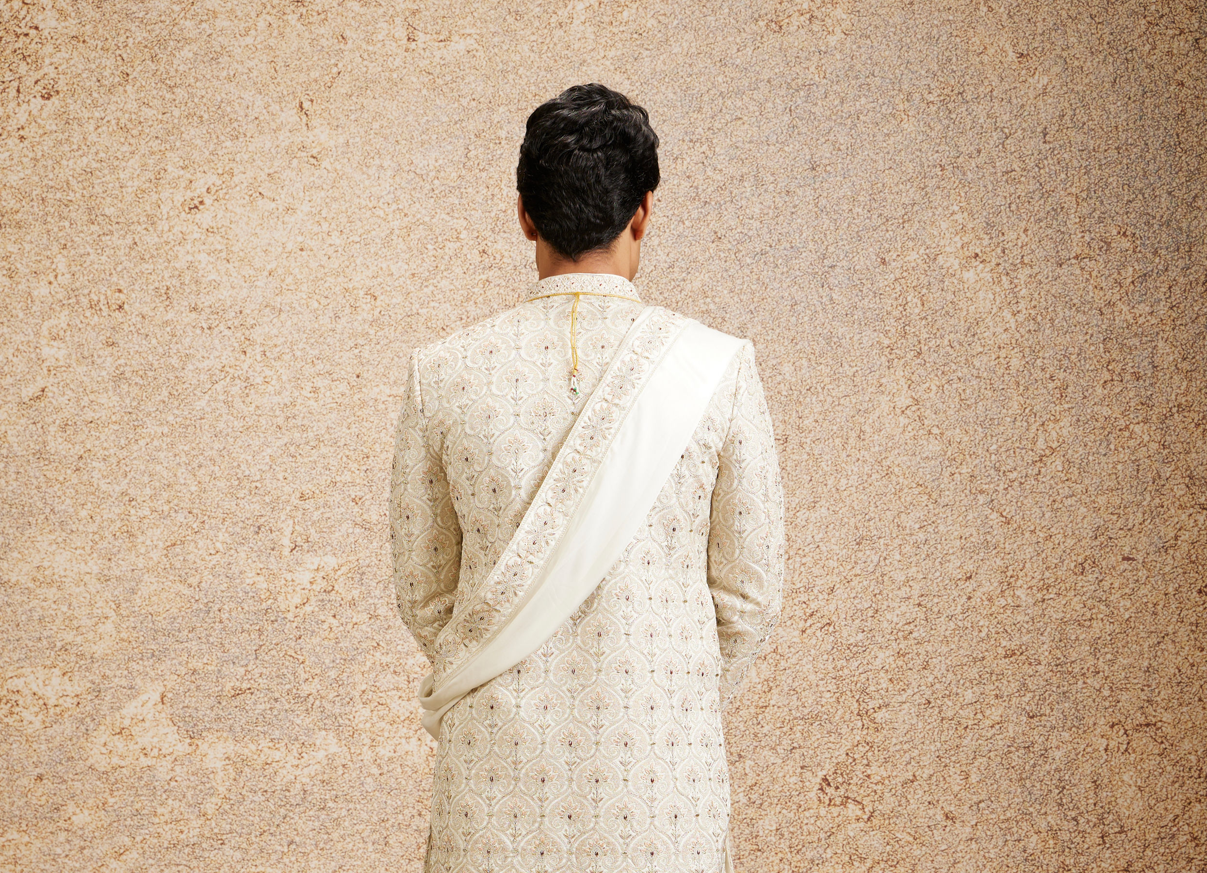 Twamev Men Cream Maroon Floral Trellis Patterned Sherwani Set