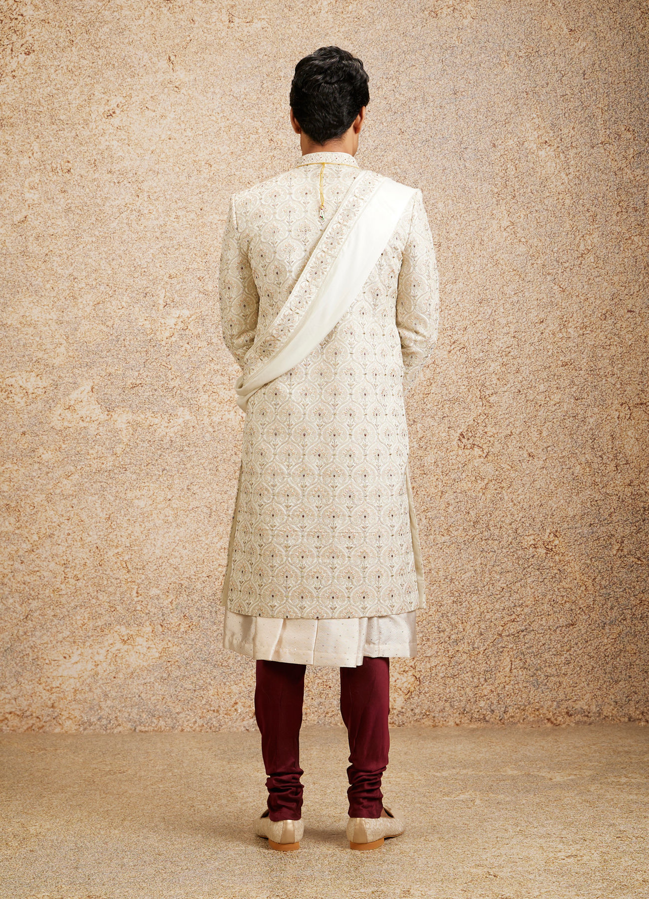 Twamev Men Cream Maroon Floral Trellis Patterned Sherwani Set