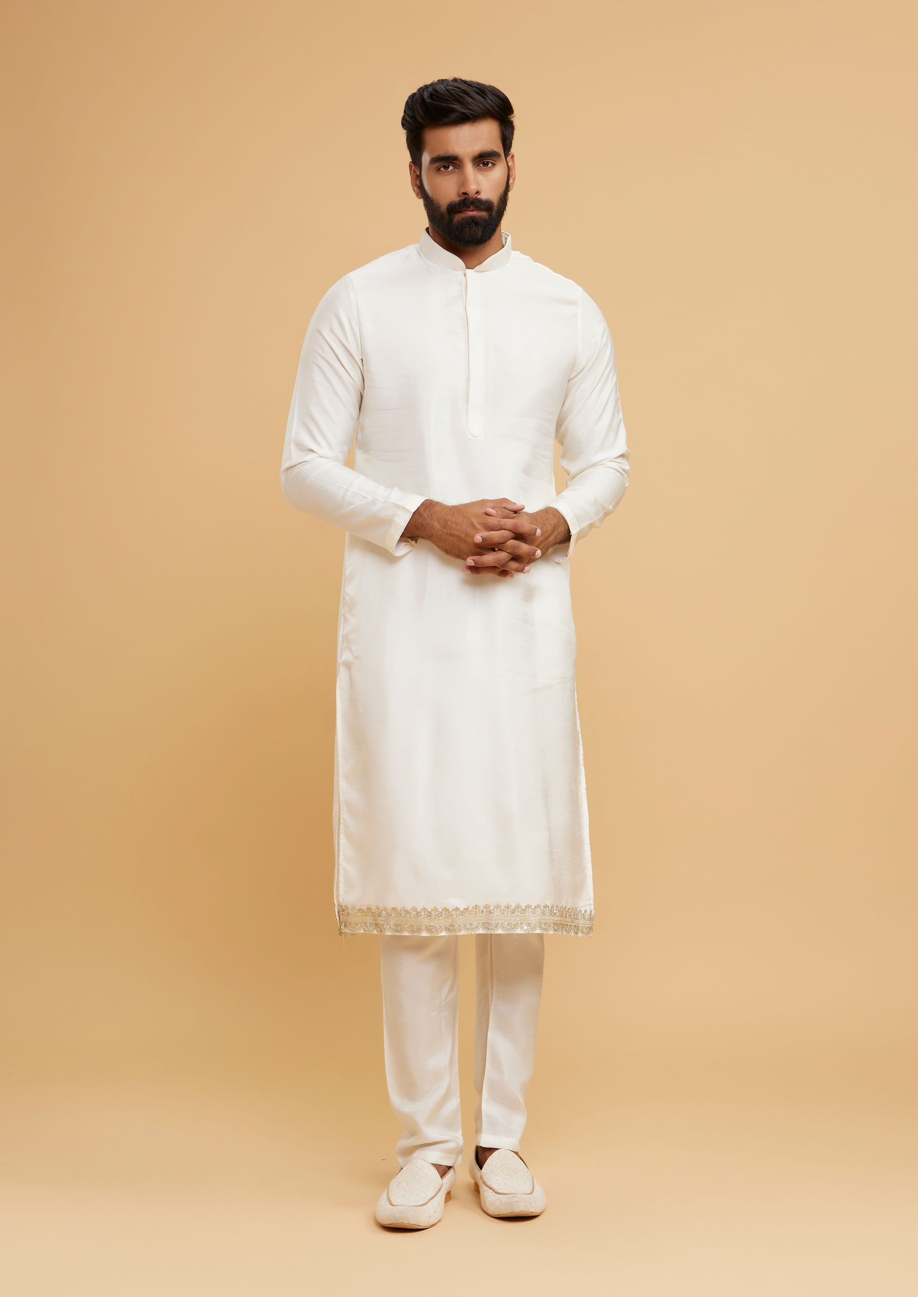 Twamev Men Ivory Silk Tonal Aari Embroidered Sherwani