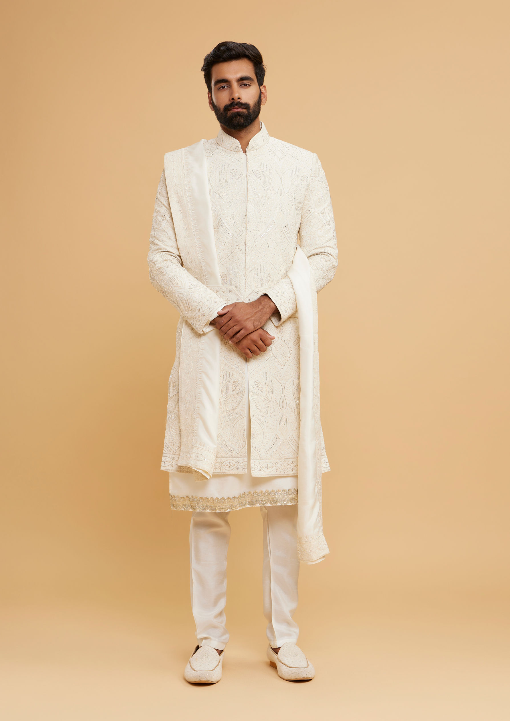 Twamev Men Ivory Silk Tonal Aari Embroidered Sherwani