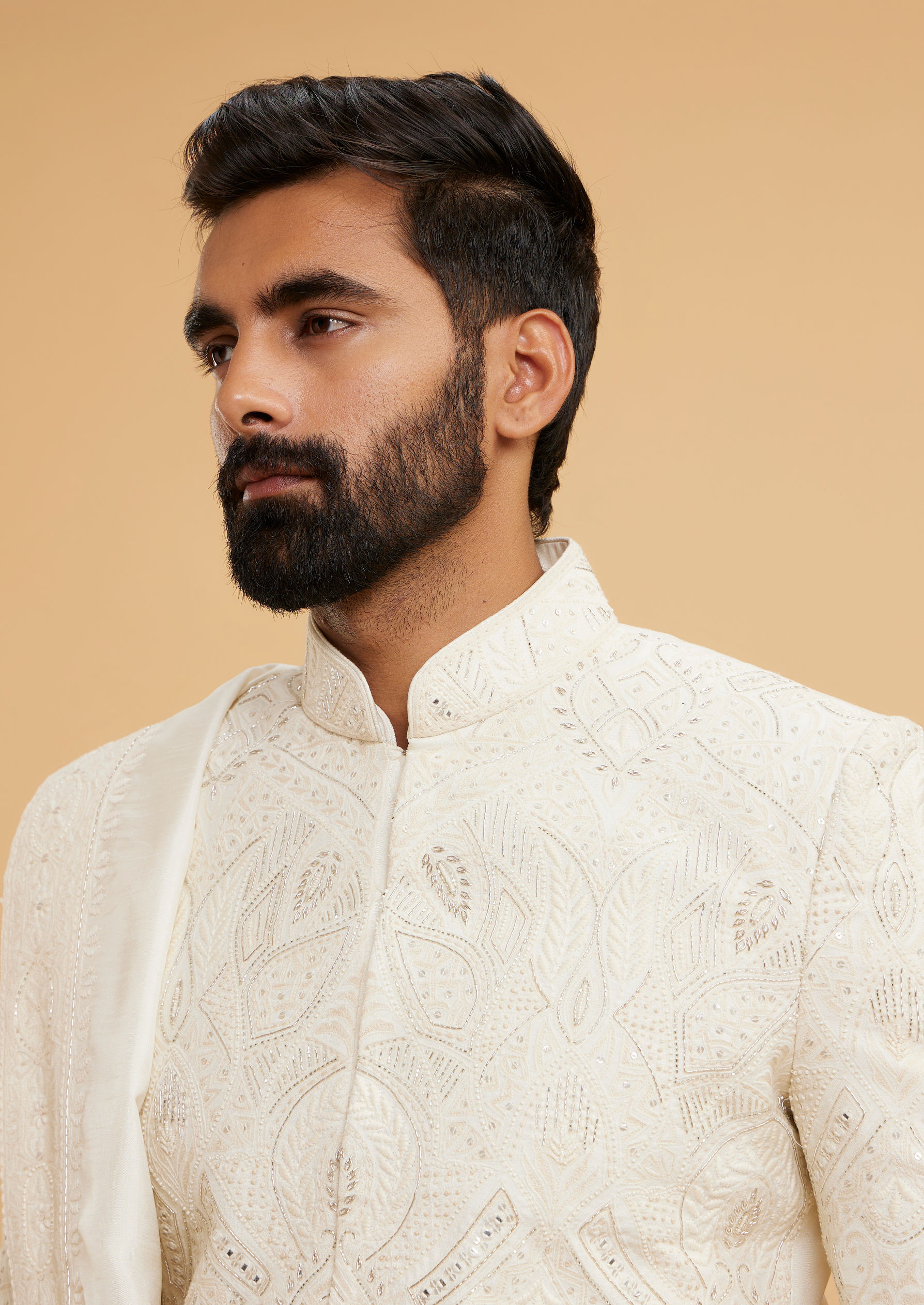 Twamev Men Ivory Silk Tonal Aari Embroidered Sherwani