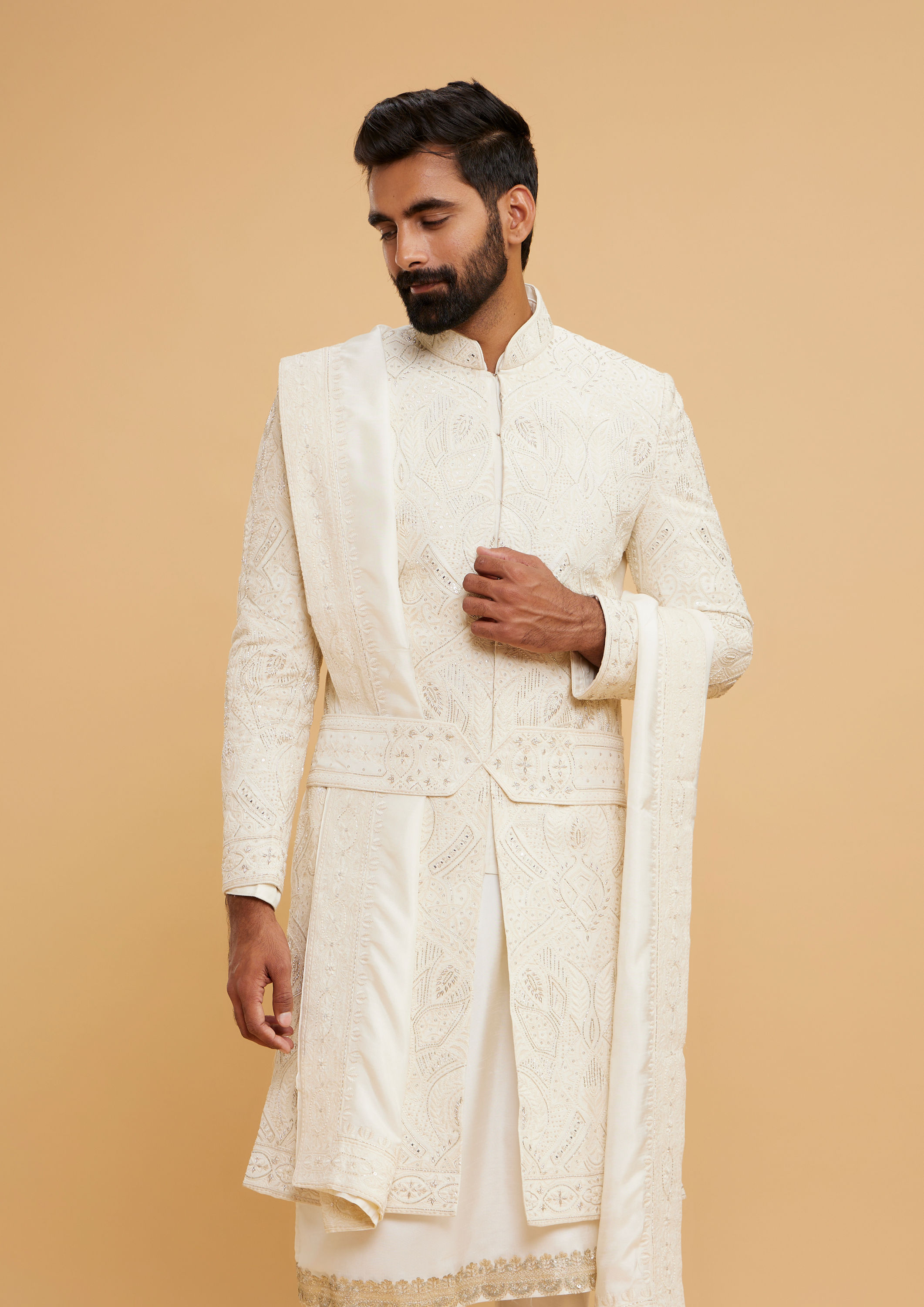 Twamev Men Ivory Silk Tonal Aari Embroidered Sherwani