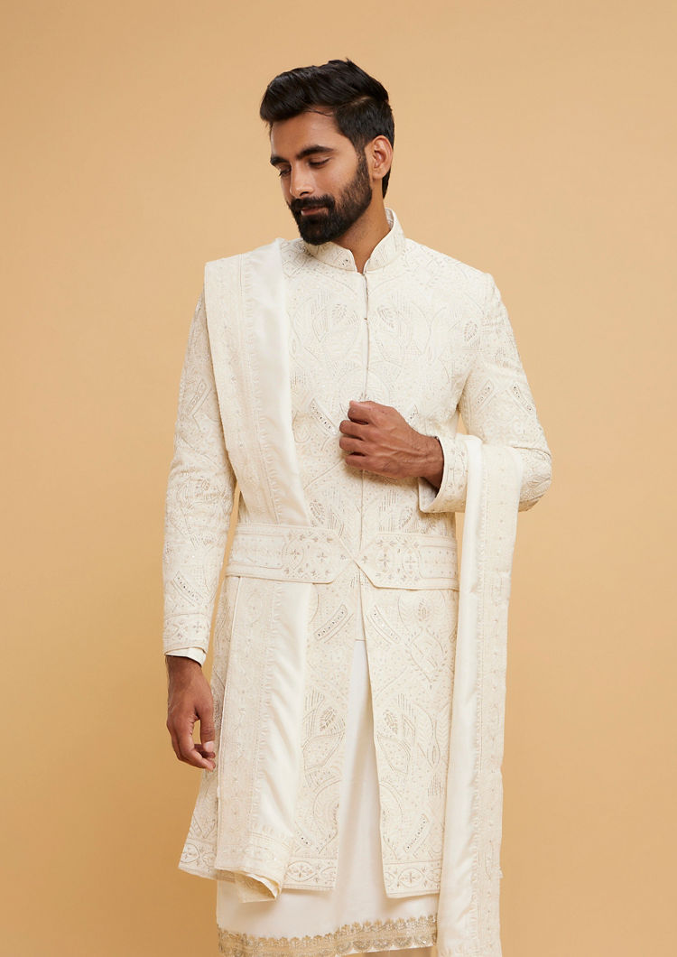 Twamev Men Ivory Silk Tonal Aari Embroidered Sherwani