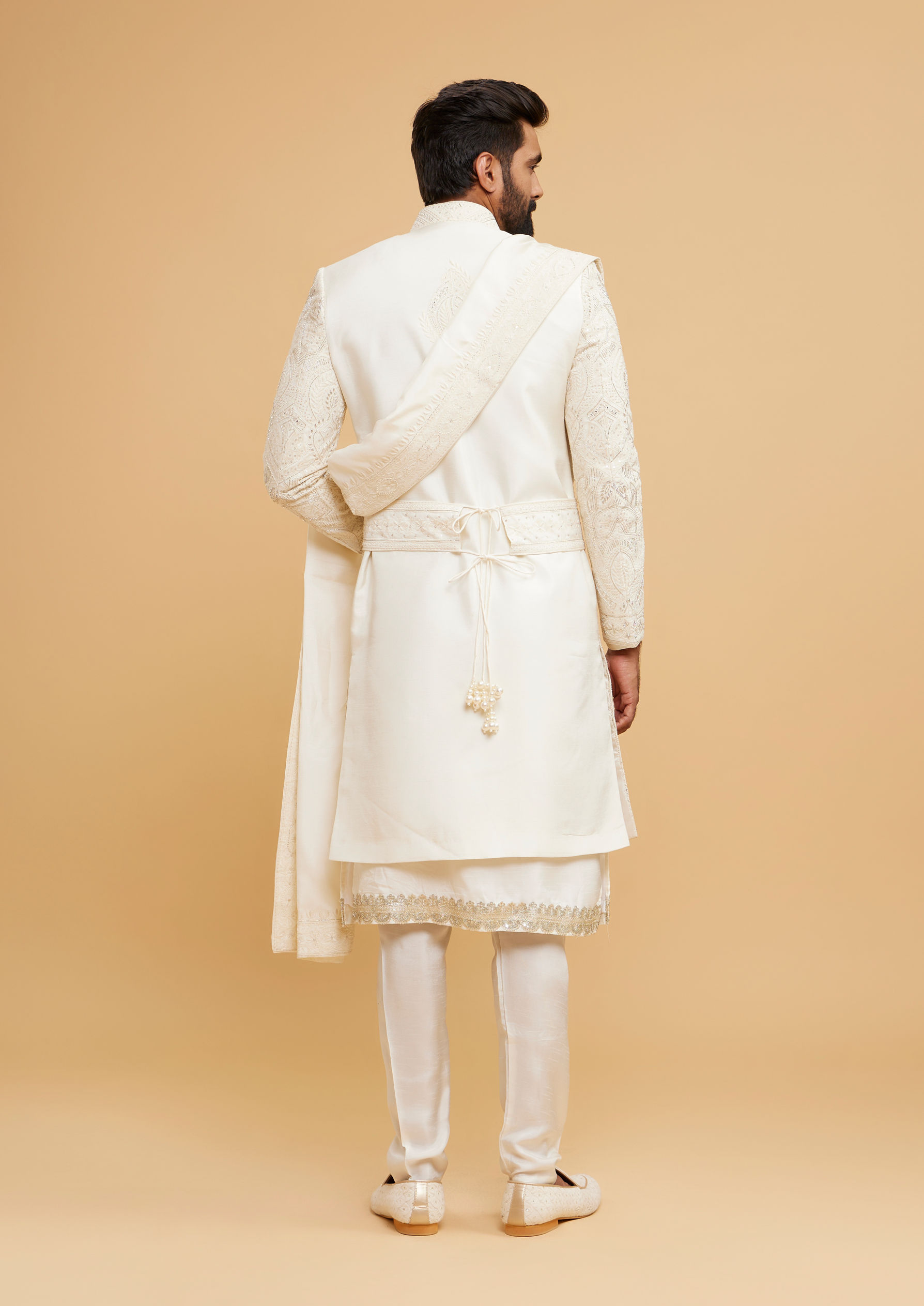 Twamev Men Ivory Silk Tonal Aari Embroidered Sherwani