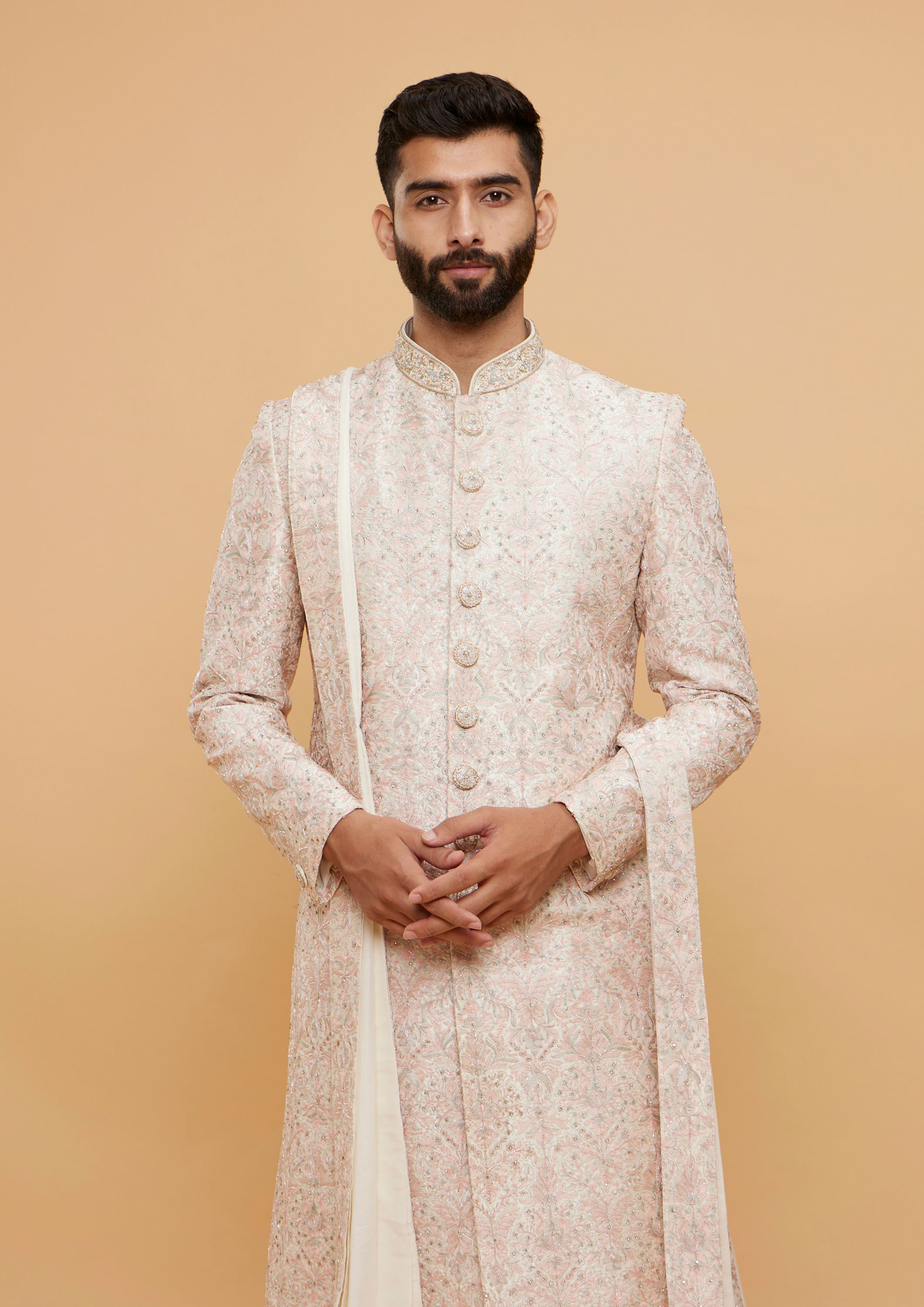 Twamev Men Elegant Cream Sherwani with Pink Dupatta