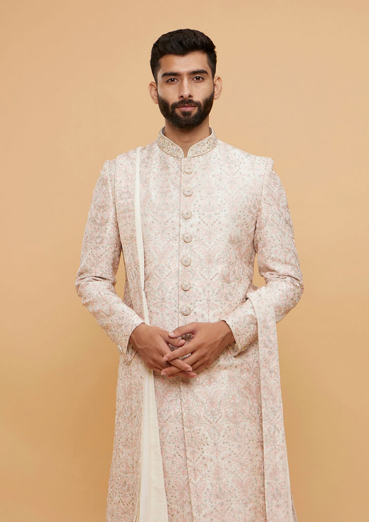 Twamev Men Elegant Cream Sherwani with Pink Dupatta