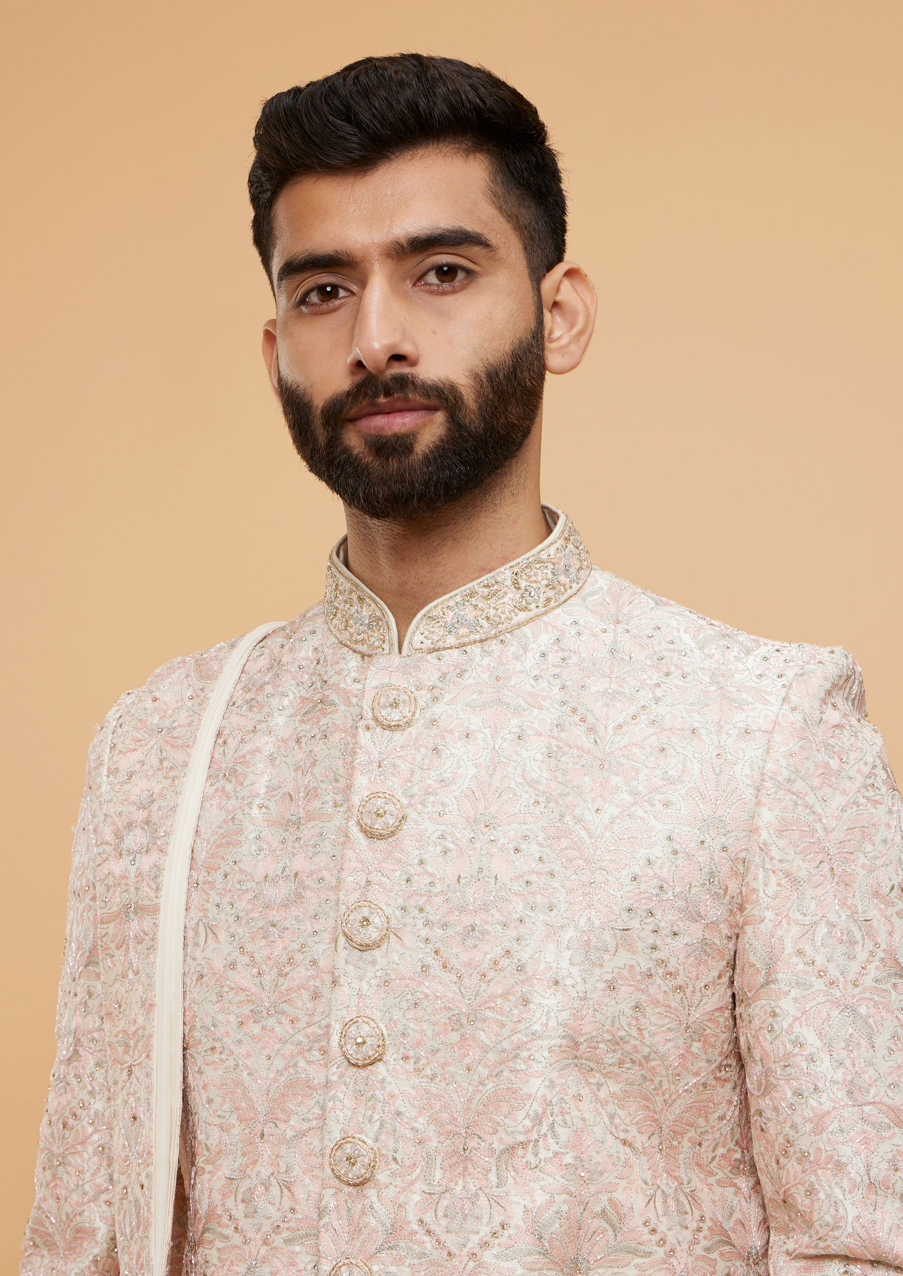 Twamev Men Elegant Cream Sherwani with Pink Dupatta
