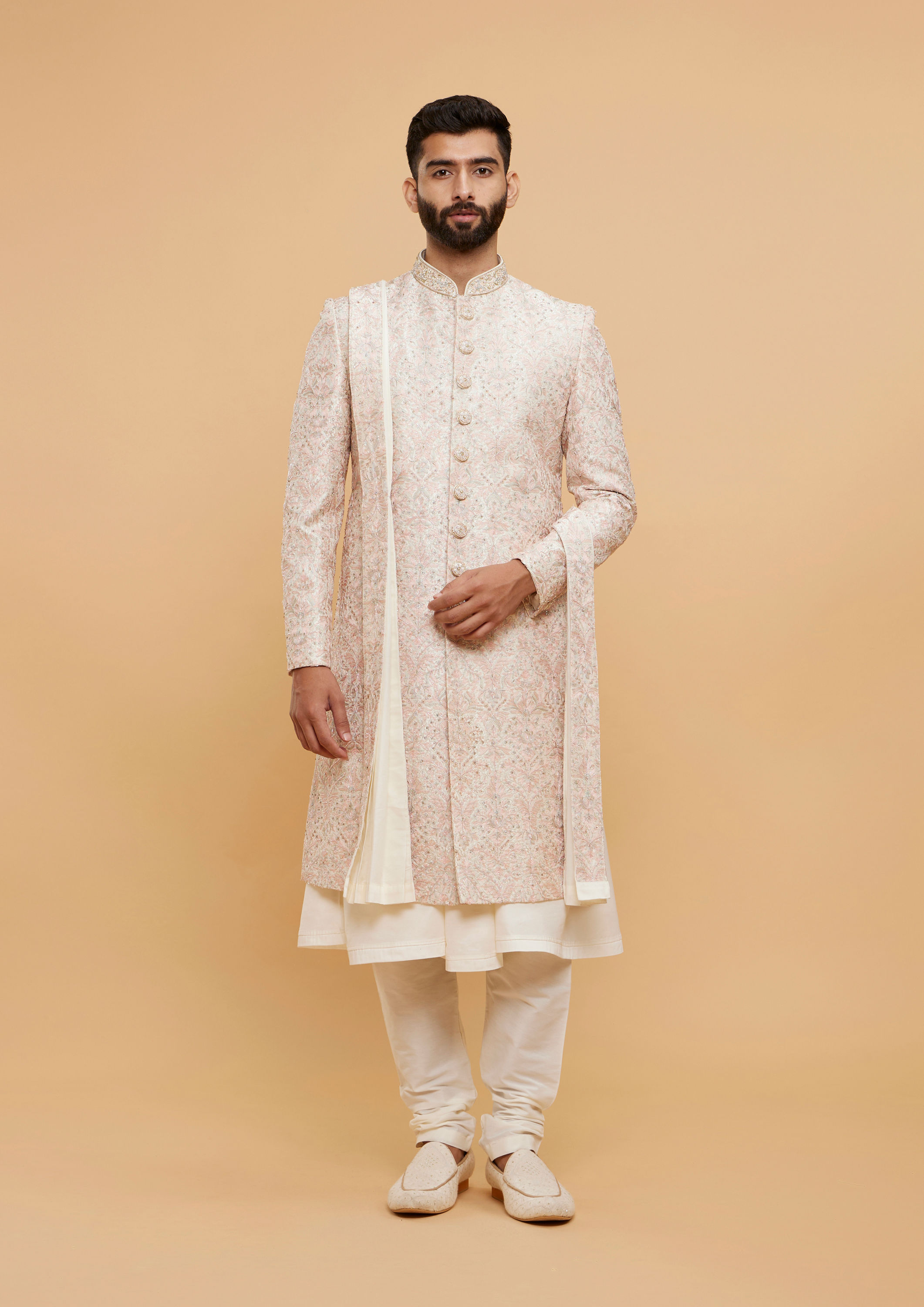 Twamev Men Elegant Cream Sherwani with Pink Dupatta