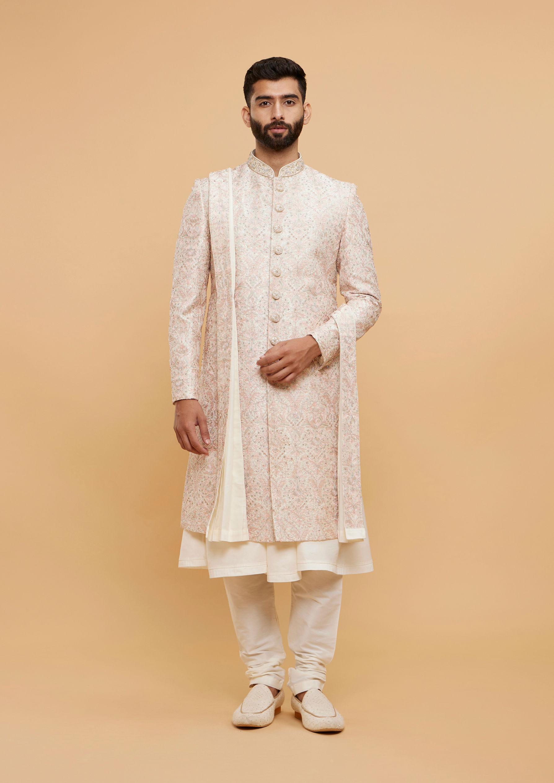 Twamev Men Elegant Cream Sherwani with Pink Dupatta