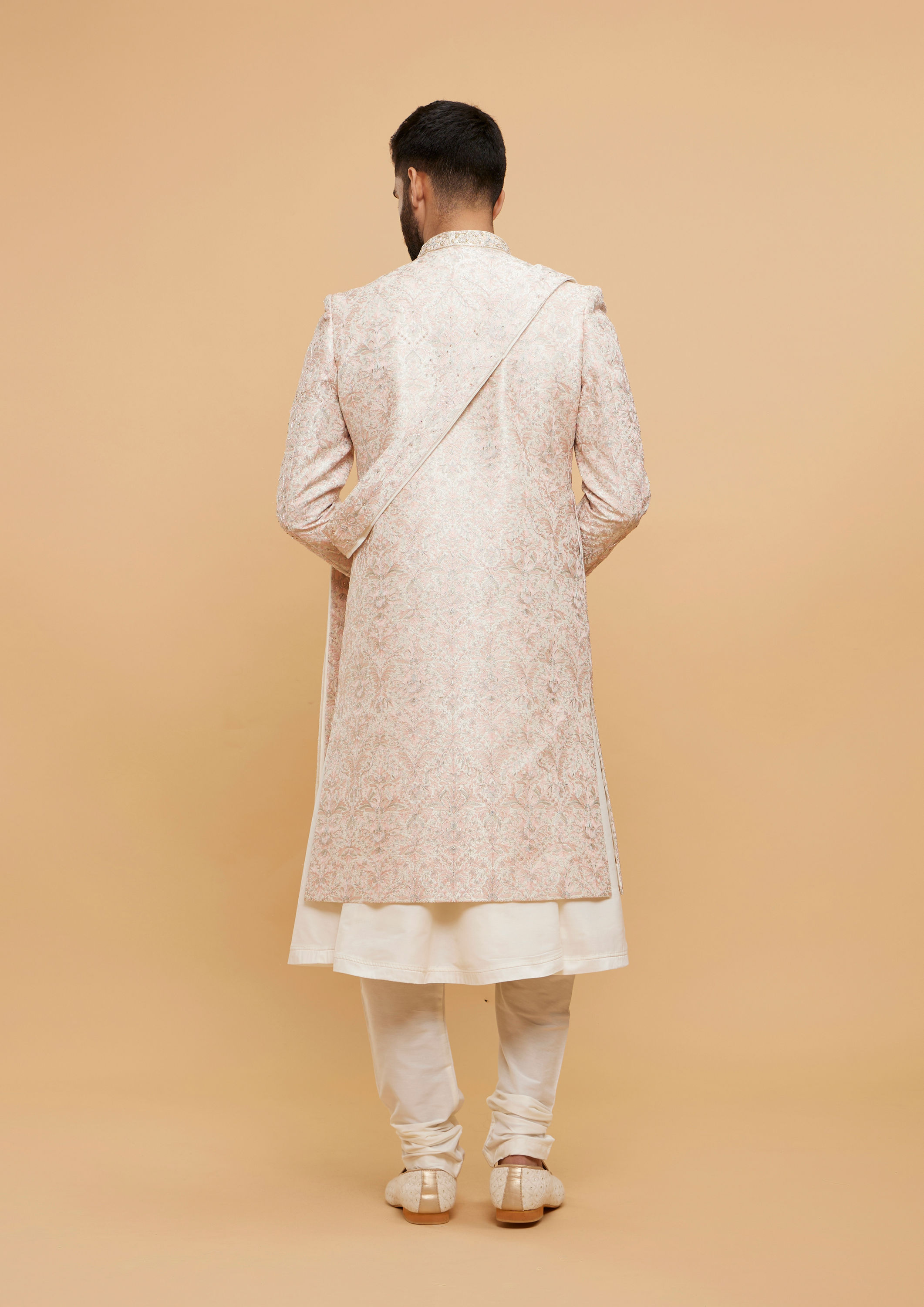Twamev Men Elegant Cream Sherwani with Pink Dupatta