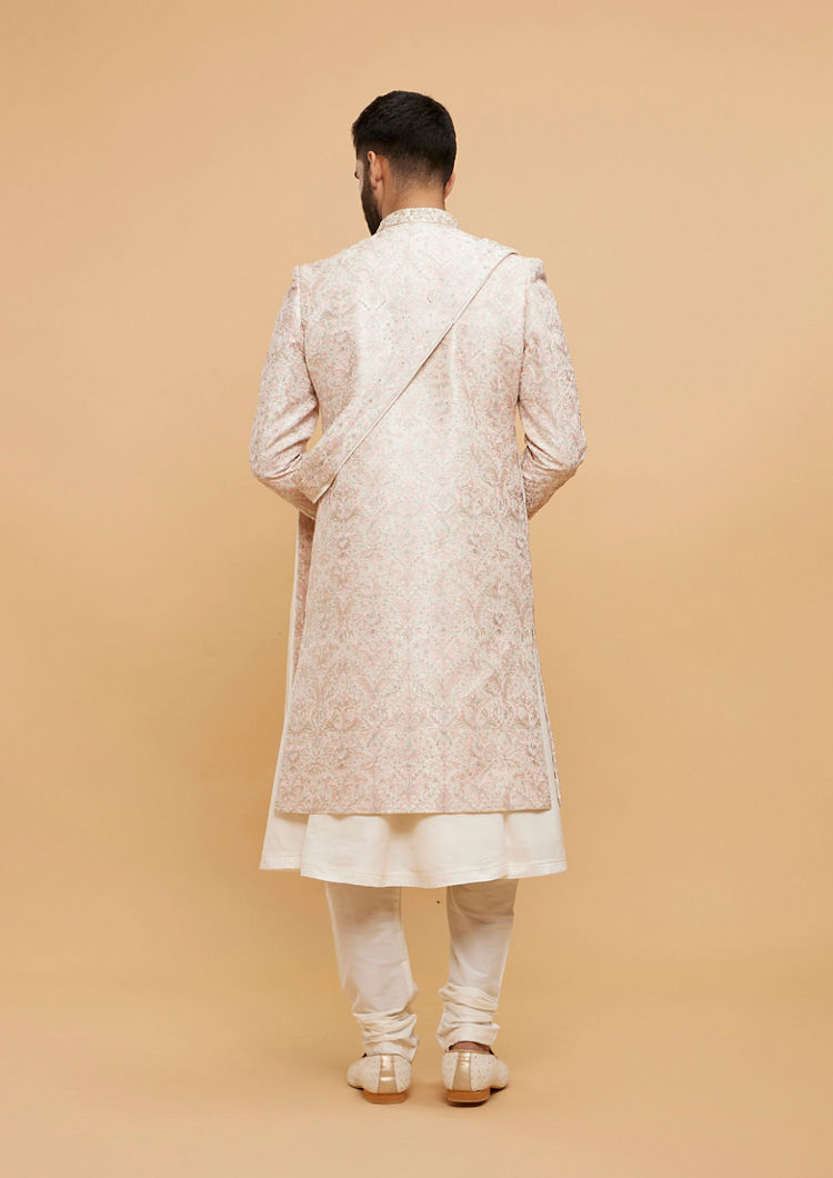 Twamev Men Elegant Cream Sherwani with Pink Dupatta