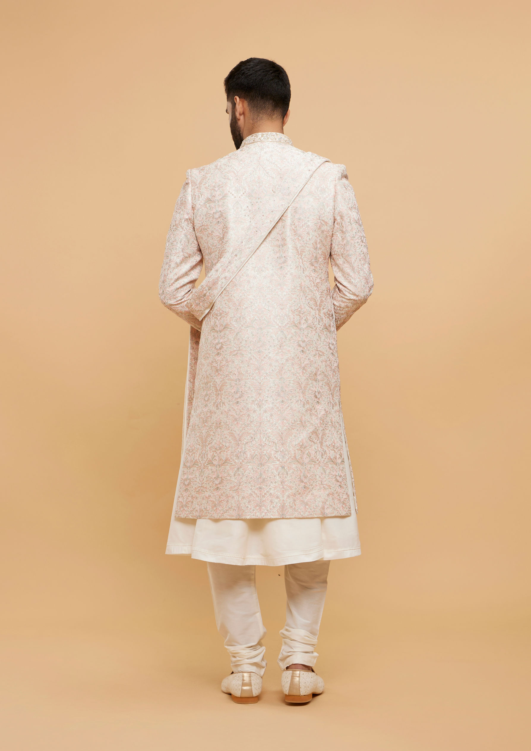 Twamev Men Elegant Cream Sherwani with Pink Dupatta