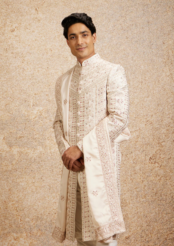 alt message - Twamev Men Stunning Cream Sherwani image number 0