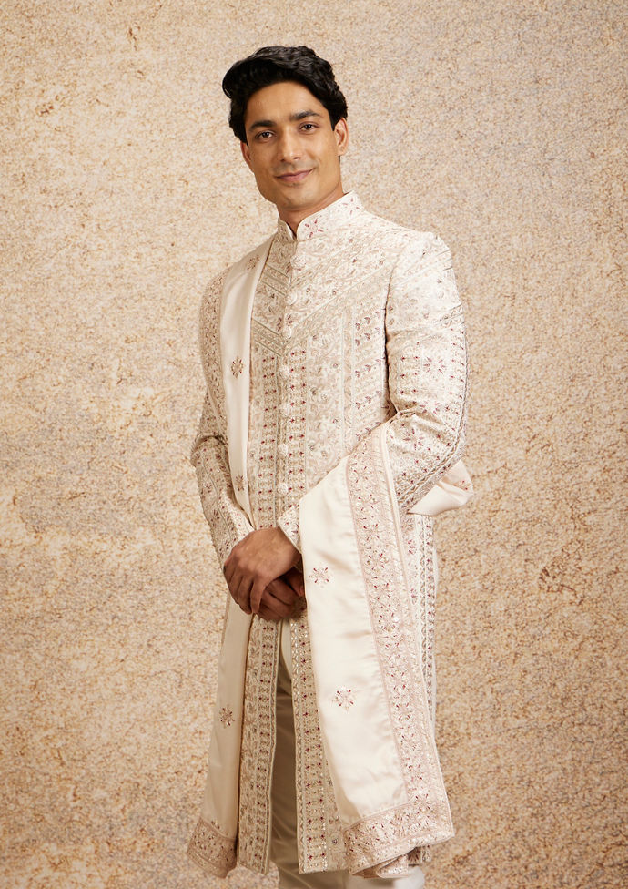 alt message - Twamev Men Stunning Cream Sherwani image number 0