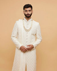 Twamev Men Warm White Grid Patterned Sherwani Set with Sequin Embellishments