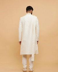 Twamev Men Warm White Grid Patterned Sherwani Set with Sequin Embellishments