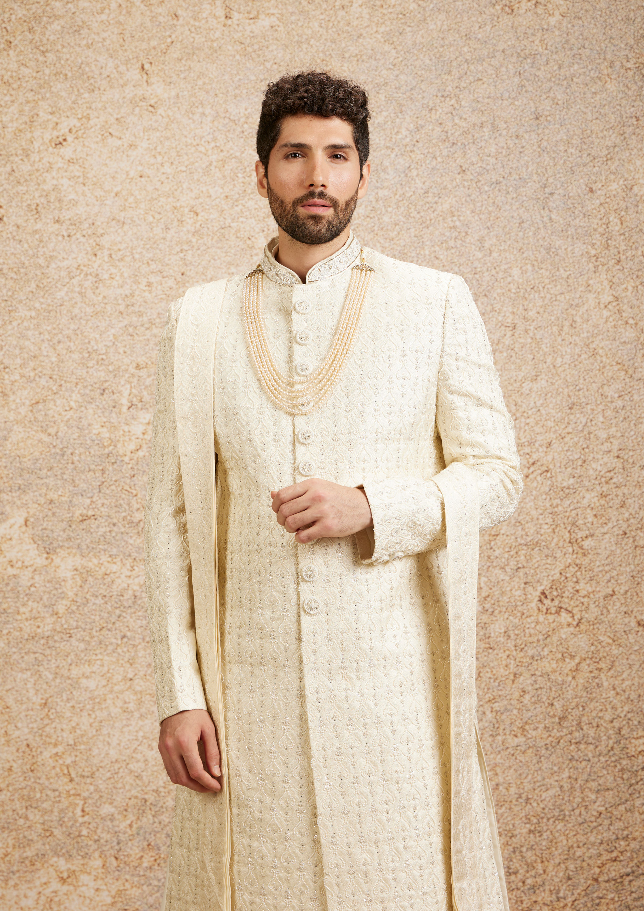 Twamev Men Elegant Cream Brocade Sherwani