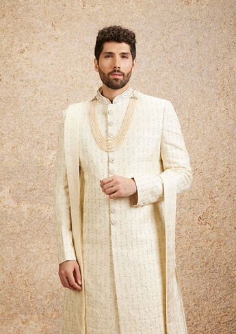 alt message - Twamev Men Elegant Cream Brocade Sherwani image number 0