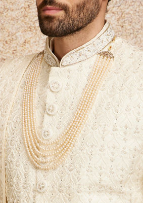 alt message - Twamev Men Elegant Cream Brocade Sherwani image number 1