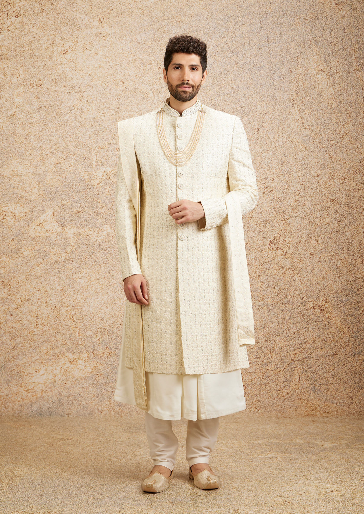 alt message - Twamev Men Elegant Cream Brocade Sherwani image number 2