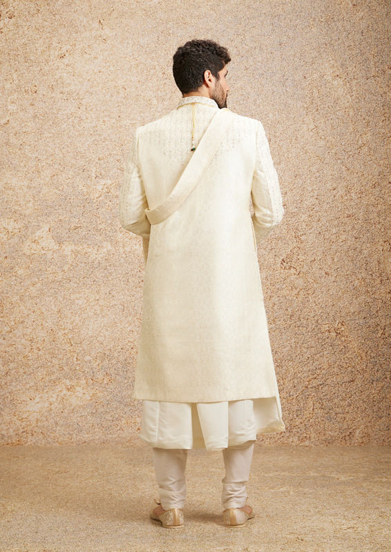 Twamev Men Elegant Cream Brocade Sherwani image number 3