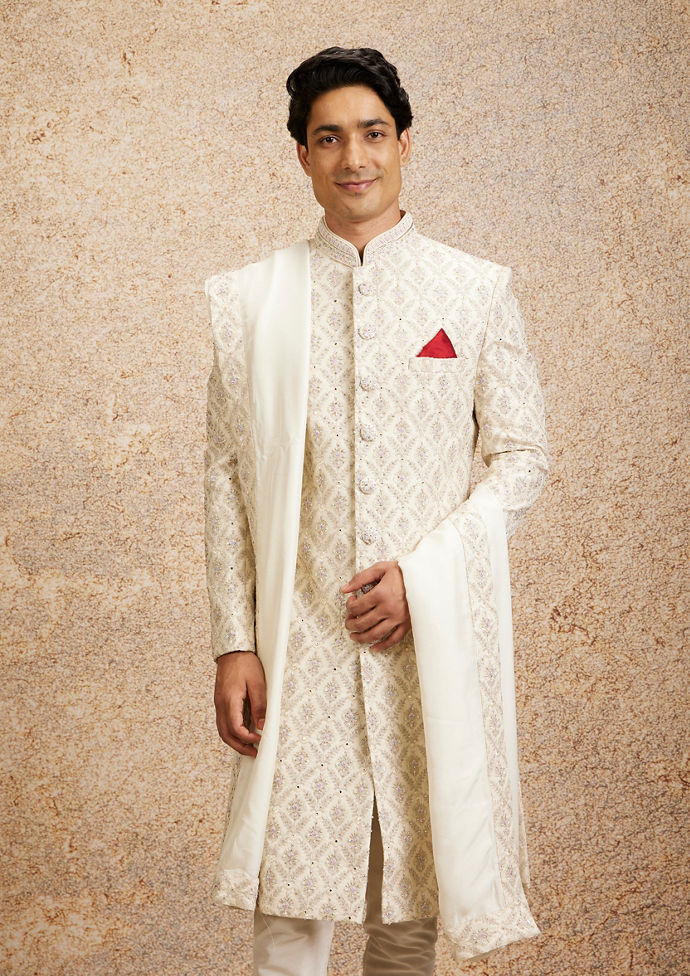 Twamev Men Regal Cream Embellished Sherwani