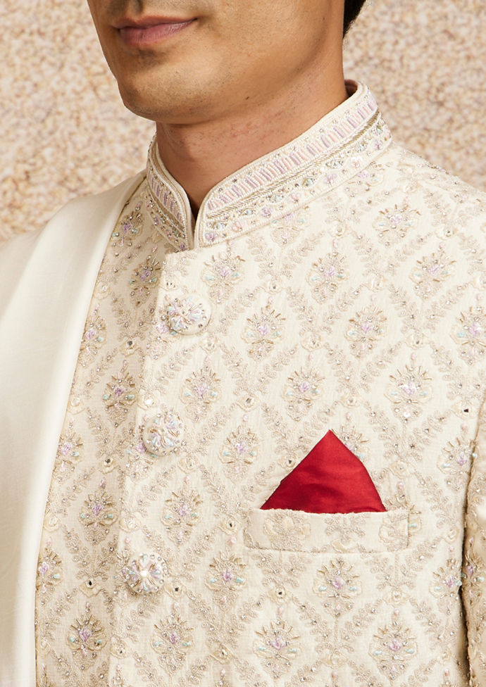 Twamev Men Regal Cream Embellished Sherwani